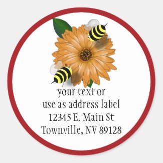 Cartoon Honey Bees Meeting on Orange Flower Classic Round Sticker