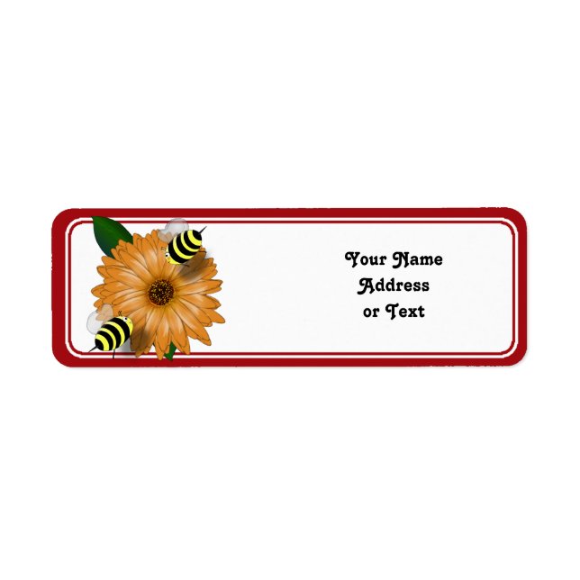 Cartoon Honey Bees Meeting on Orange Flower Label (Front)