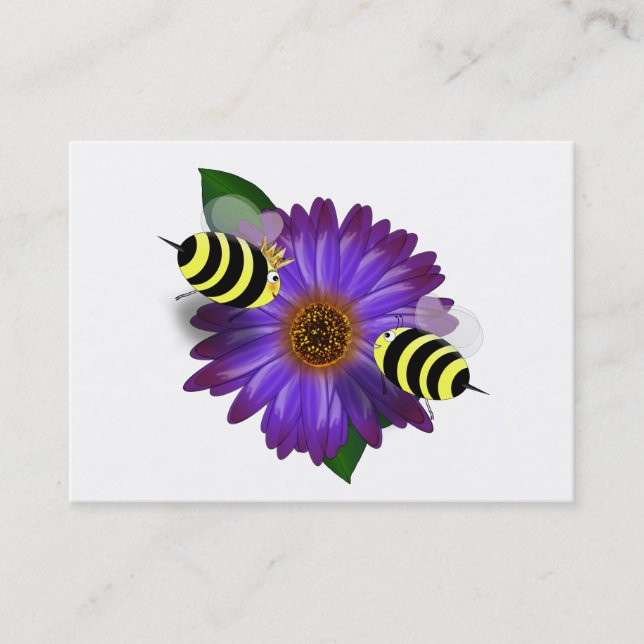 Cartoon Honey Bees Meeting on Purple Flower Business Card (Front)