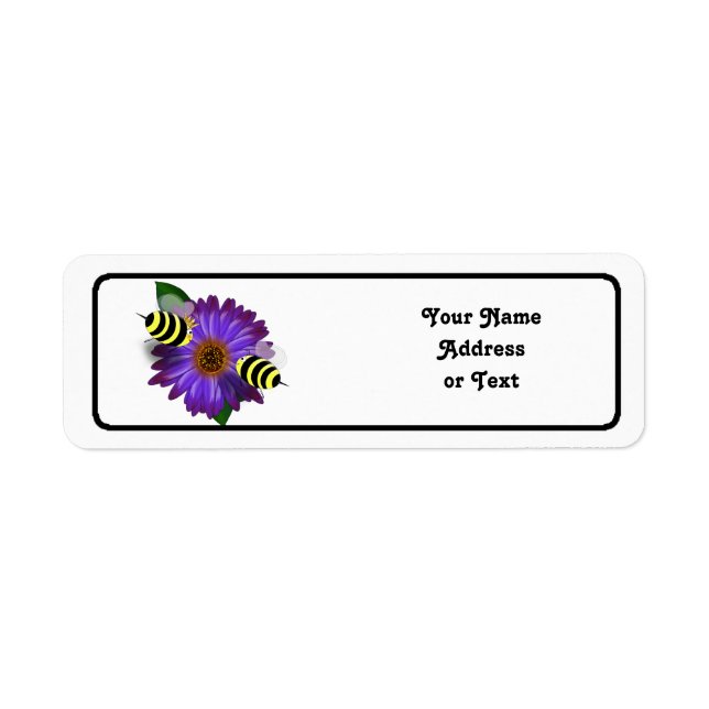 Cartoon Honey Bees Meeting on Purple Flower Label (Front)