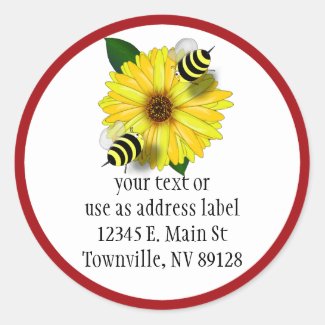 Cartoon Honey Bees Meeting on Yellow Flower Classic Round Sticker
