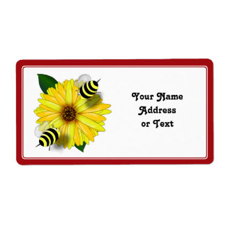Cartoon Honey Bees Meeting on Yellow Flower Label