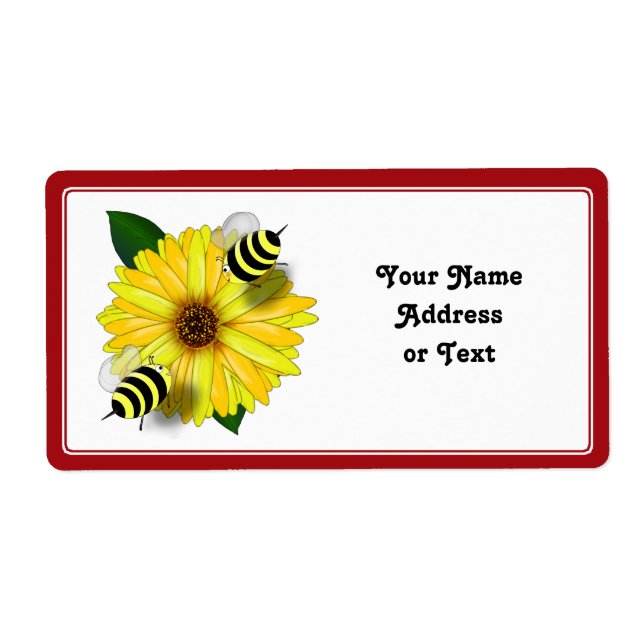 Cartoon Honey Bees Meeting on Yellow Flower Label (Front)