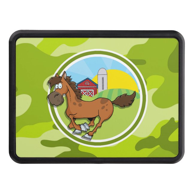 Cartoon Horse; bright green camo, camouflage Trailer Hitch Cover (Front)