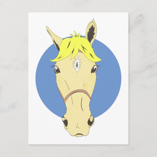 Cartoon horse on white and blue postcard
