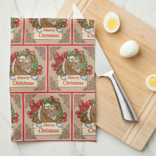 Cartoon Horse With Wreath Merry Christmas Sign Kitchen Towel