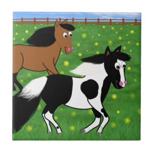 Cartoon Horses Running in Field Ceramic Tile
