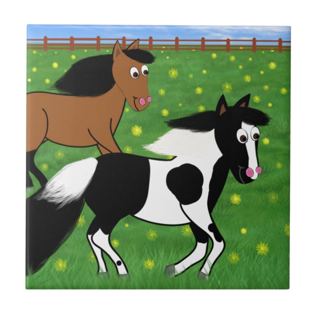 Cartoon Horses Running in Field Ceramic Tile (Front)