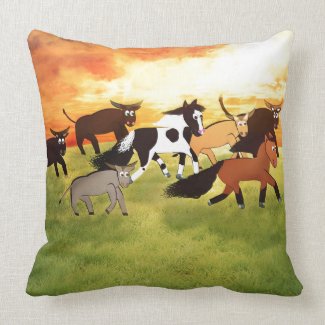 Cartoon Horses running with Bull's Throw Pillow