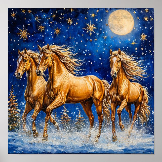 🌟 Cartoon Horses Under Starry Night Sky Magical Poster (Front)