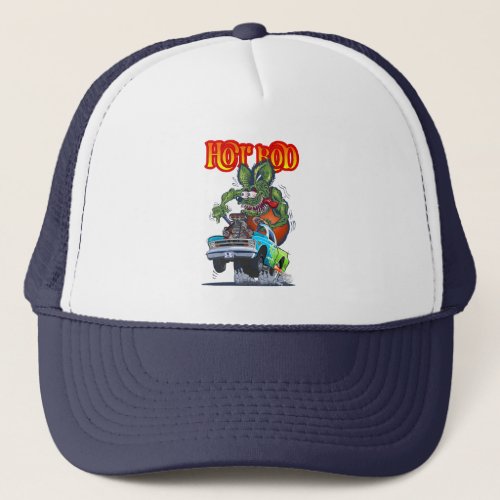 Cartoon hot rod trucker hat