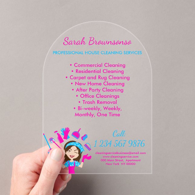 Cartoon House Keeper Maid Janitorial Acrylic Invitations (Insitu (Handheld))