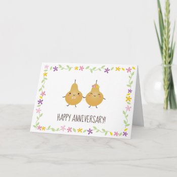 Cartoon Husband And Wife Floral Wreath Anniversary Card by littleteapotdesigns at Zazzle