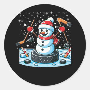 Cartoon Ice Hockey Puck Snowman With Santa Hat Chr Classic Round Sticker