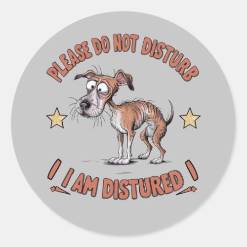 Cartoon illustration featuring a disheveled dog3 classic round sticker