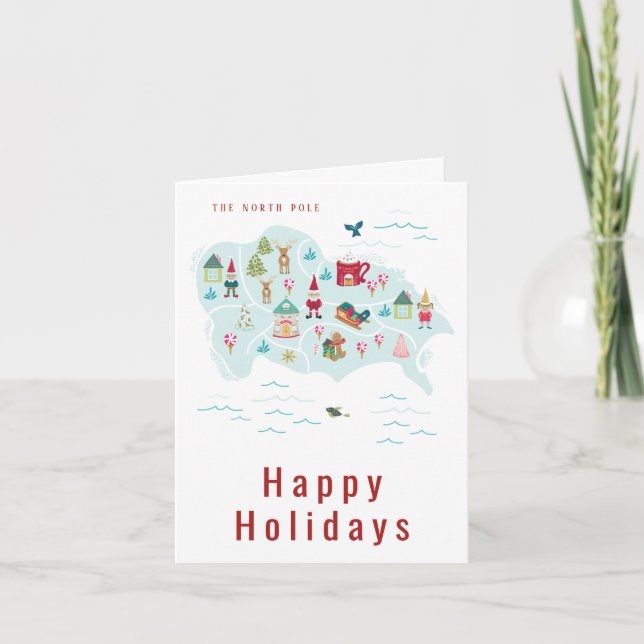 Cartoon Illustration North Pole Christmas Village Holiday Card (Front)