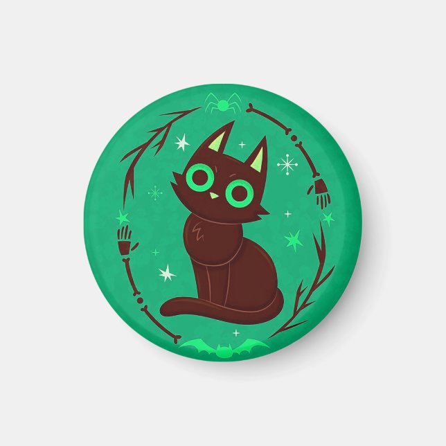Cartoon Illustration of a Black Cat Halloween Magnet (Front)