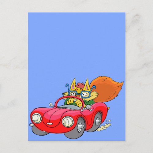 Cartoon illustration of a cat driving a car postcard
