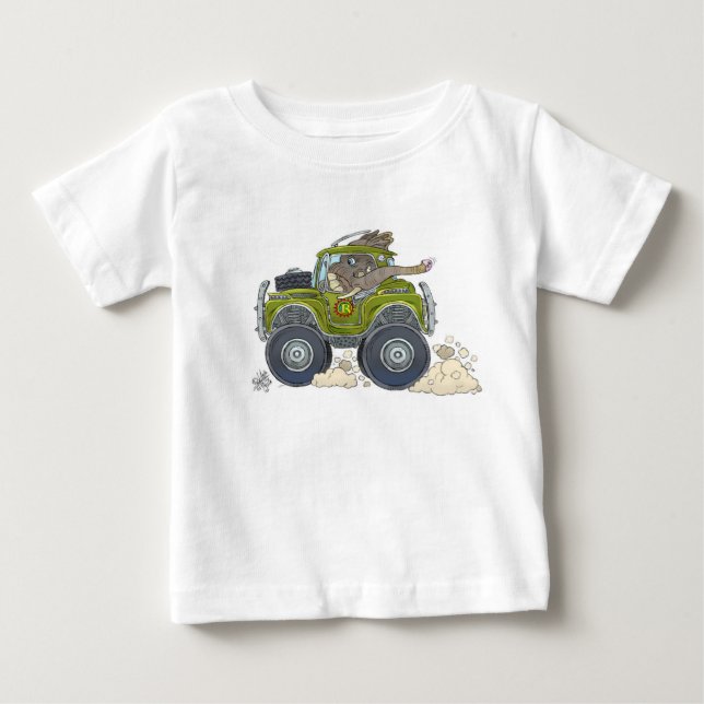 Cartoon illustration of a Elephant driving a jeep. Baby T-Shirt (Front)
