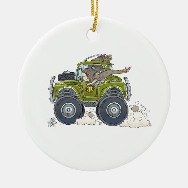 Cartoon illustration of a Elephant driving a jeep. Ceramic Ornament (Front)
