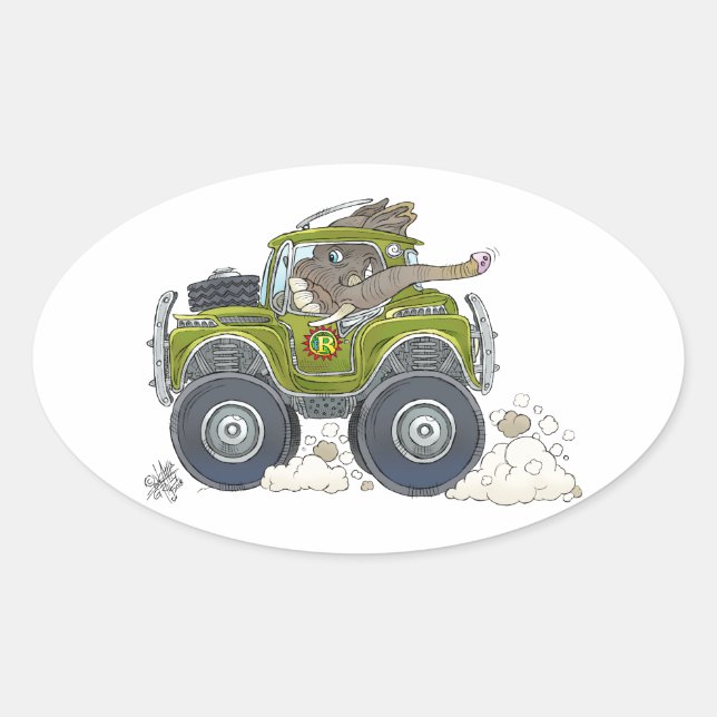 Cartoon illustration of a Elephant driving a jeep. Oval Sticker (Front)