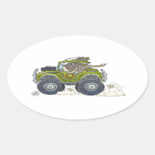 Cartoon illustration of a Elephant driving a jeep. Oval Sticker