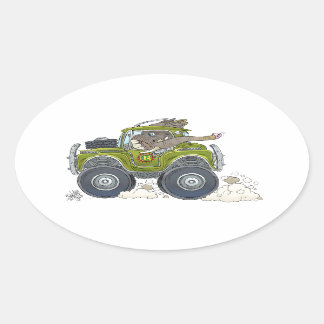 Cartoon illustration of a Elephant driving a jeep. Oval Sticker