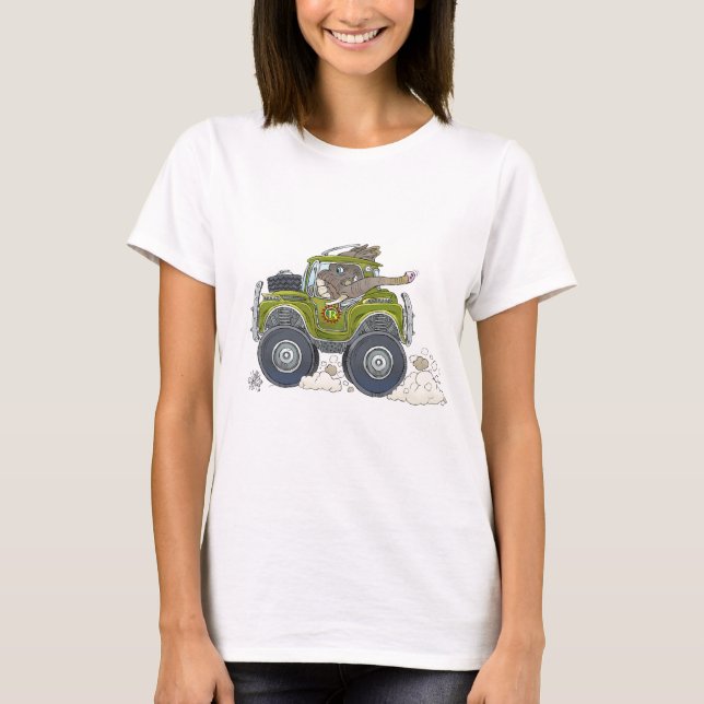 Cartoon illustration of a Elephant driving a jeep. T-Shirt (Front)