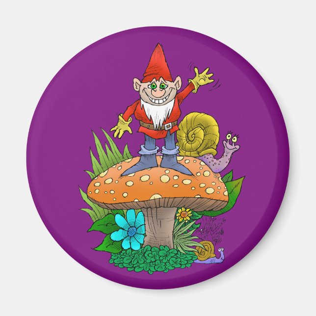 Cartoon illustration of a standing waving gnome. magnet (Front)