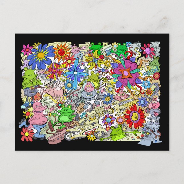 Cartoon illustration, of pigs, flowers and frogs. postcard (Front)