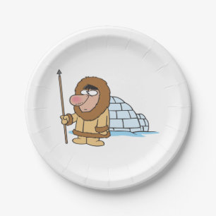 Cartoon Inuit Eskimo with Spear and Igloo Paper Plates