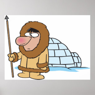 Cartoon Inuit Eskimo with Spear and Igloo Poster