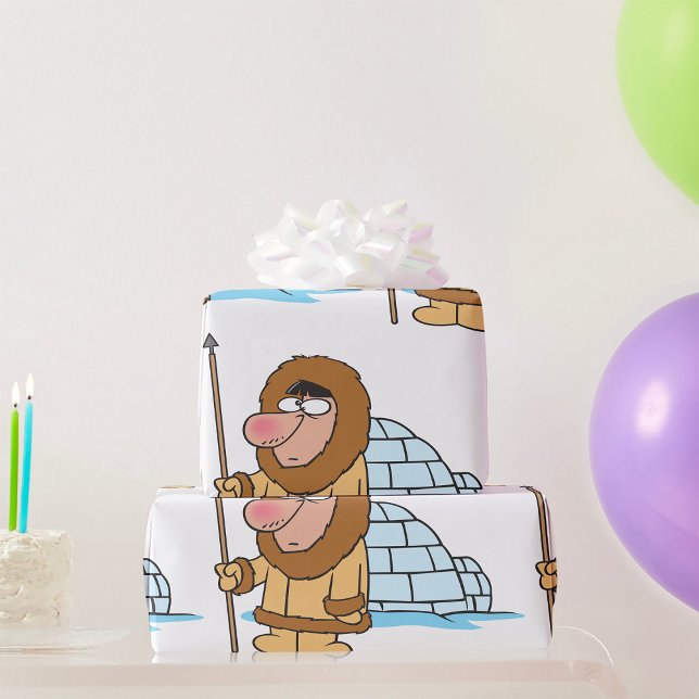 Cartoon Inuit Eskimo with Spear and Igloo Wrapping Paper (Creator Uploaded)