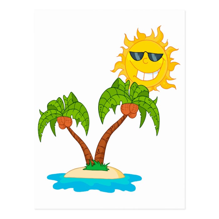 cartoon island sun and palm trees post cards