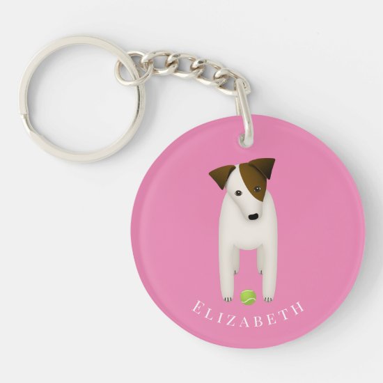 cartoon jack russell with head tilt pink w name keychain