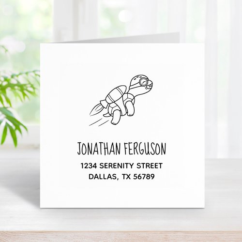 Cartoon Jetpack Turtle Address Rubber Stamp