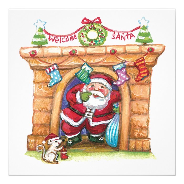 Cartoon Jolly Santa Claus Coming Down a Chimney Announcement