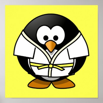 Cartoon Judo Penguin Yellow Background Poster by ZooCute at Zazzle