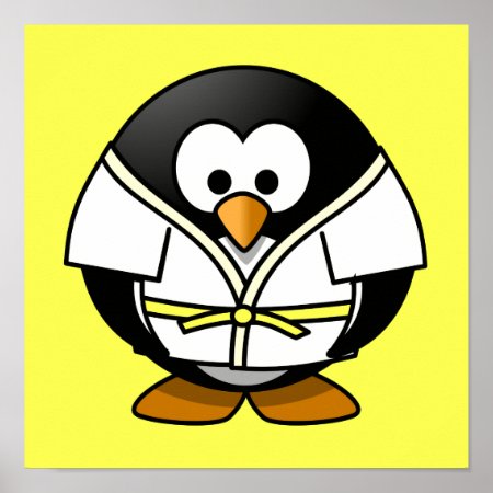 Cartoon Judo Penguin Yellow Background Poster