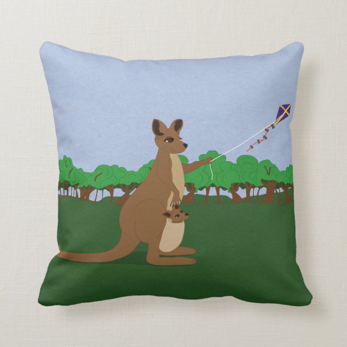 Cartoon Kangaroos Flying a Kite Pillow