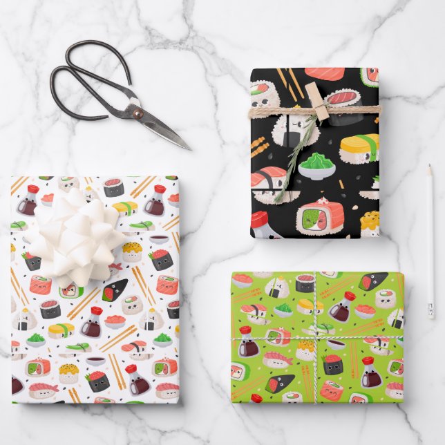Cartoon kawaii sushi emoji face wrapping paper sheets (Front)