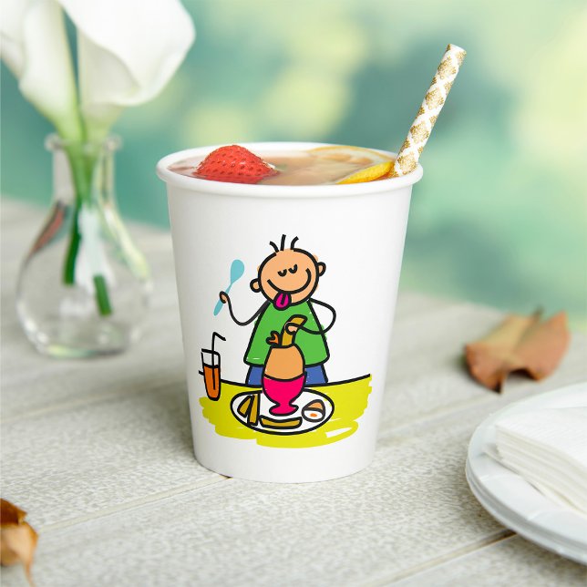 Cartoon Kid Enjoying Meal with Juice and Egg Paper Cups (Creator Uploaded)