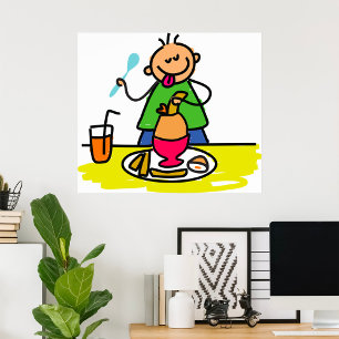 Cartoon Kid Enjoying Meal with Juice and Egg Poster
