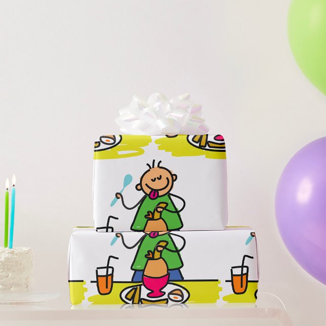 Cartoon Kid Enjoying Meal with Juice and Egg Wrapping Paper (Creator Uploaded)