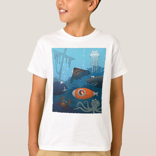 Cartoon Kid in Submarine explores Undersea World T-Shirt (Front)