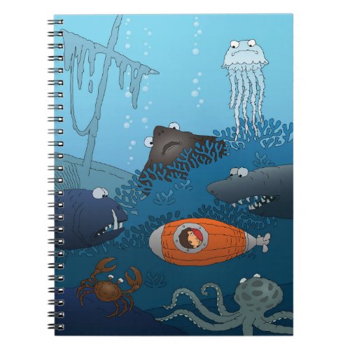 Cartoon Kid Submarine Undersea World Animals  Notebook
