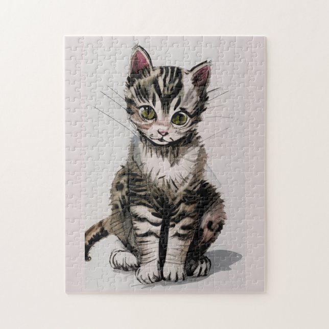 Cartoon kitten striped kitty voices gray jigsaw puzzle (Vertical)