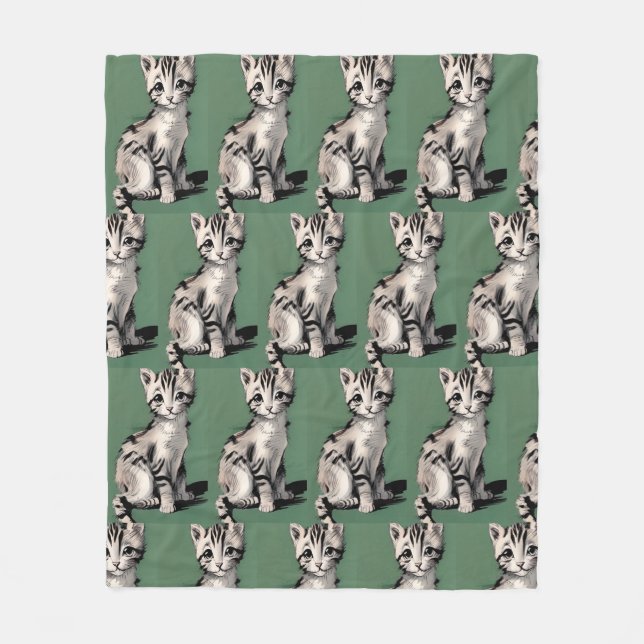 Cartoon kitten striped kitty voices green fleece blanket (Front)