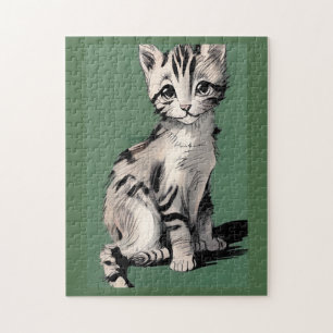Cartoon kitten striped kitty voices green jigsaw puzzle