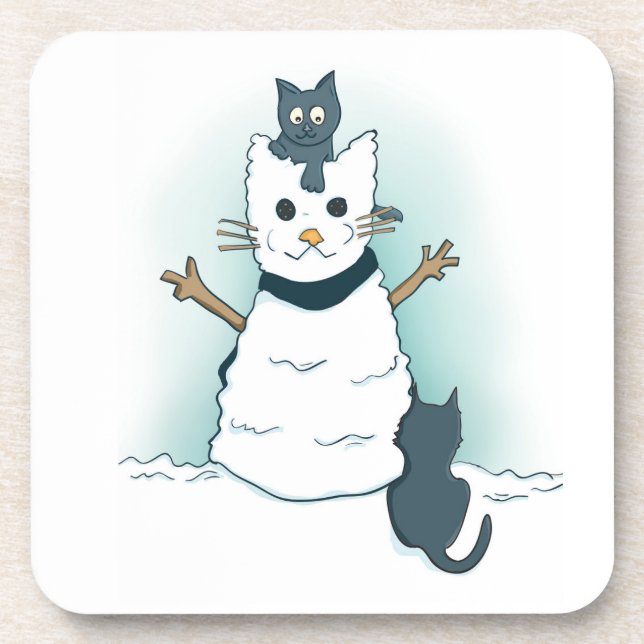 Cartoon Kittens Making a Christmas Snow Cat  Beverage Coaster (Front)